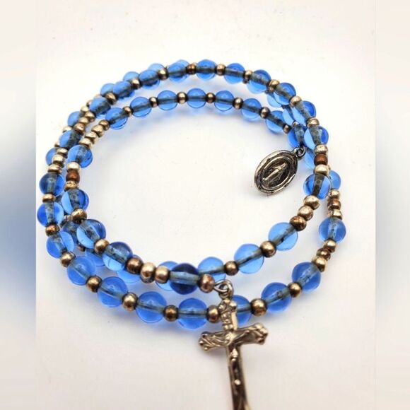 Sapphire blue bubble crystal rosary bracelet cross crucifix jewelry B0902‎ - Picture 1 of 2